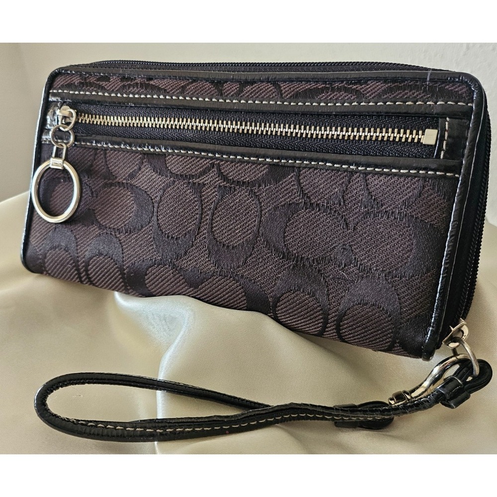 Coach Black Signature Canvas and Patent‎ Leather Wristlet Wallet